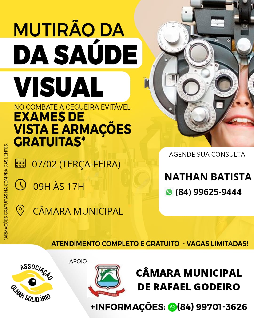 CÂMARA MUNICIPAL EM PARCERIA COM A ASSOCIAÇÃO OLHAR SOLIDÁRIO REALIZARÃO O PRIMEIRO MUTIRÃO DA SAÚDE VISUAL EM RAFAEL GODEIRO